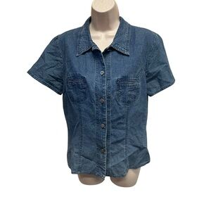 Tru Supply vintage 90s women’s linen denim shirt fitted size large indie Phoebe